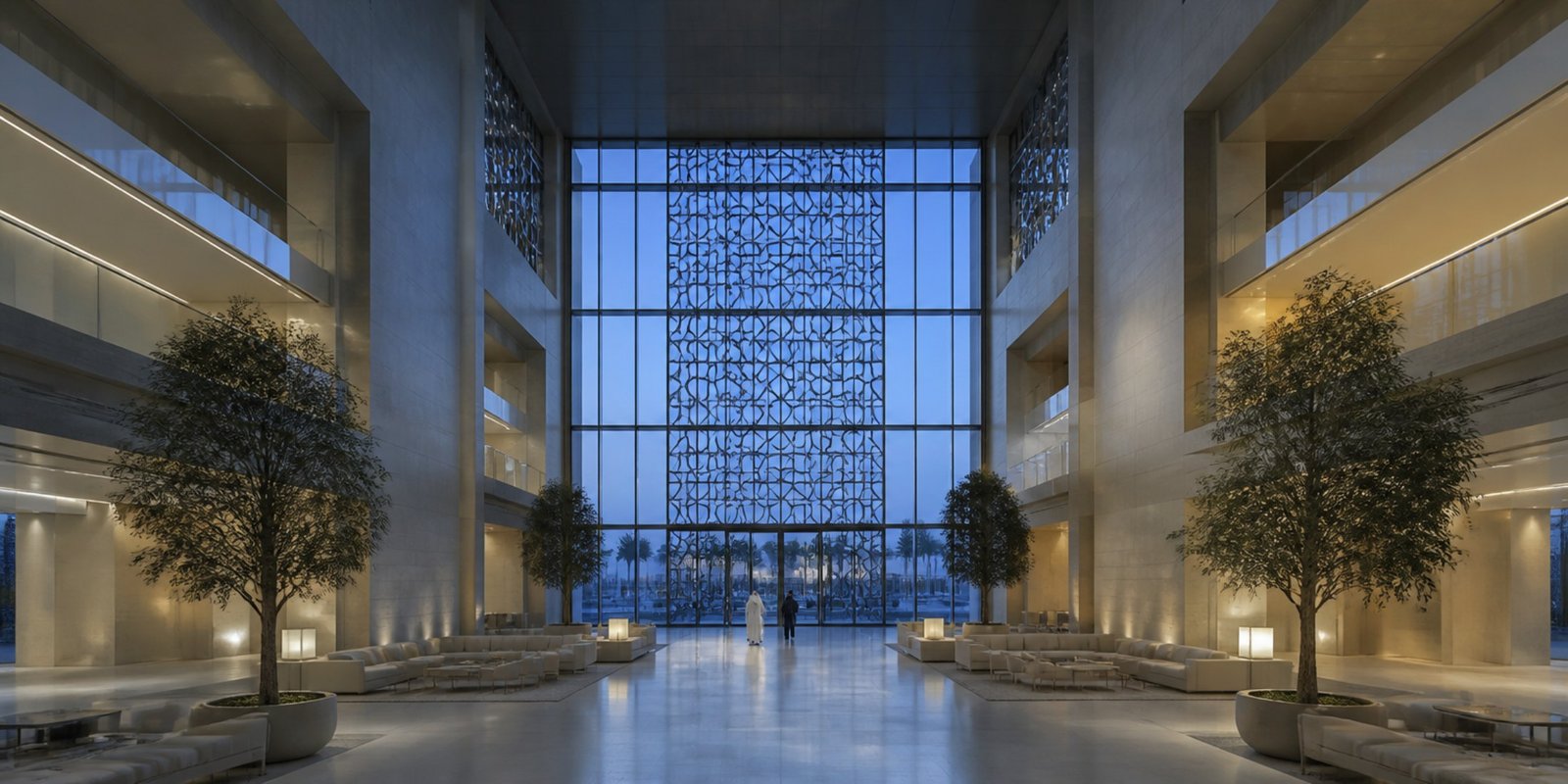 Waywork headquarters atrium at blue hour