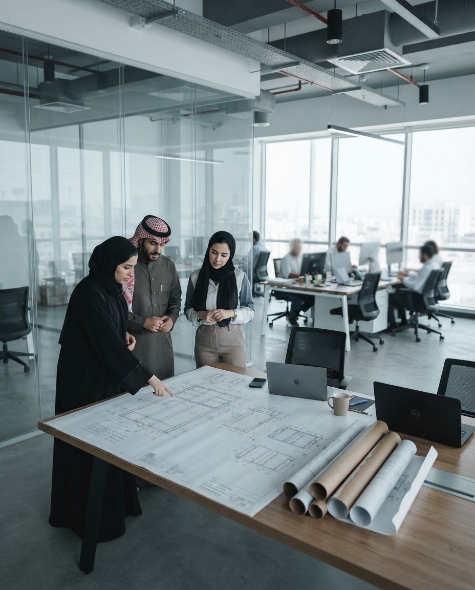Colleagues reviewing a rack elevation drawing